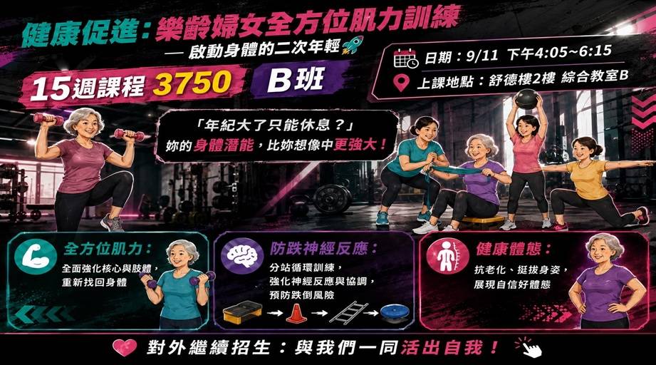 【下午場】姊姊們的體育課B班-健康促進:樂齡婦女全方位肌力訓練